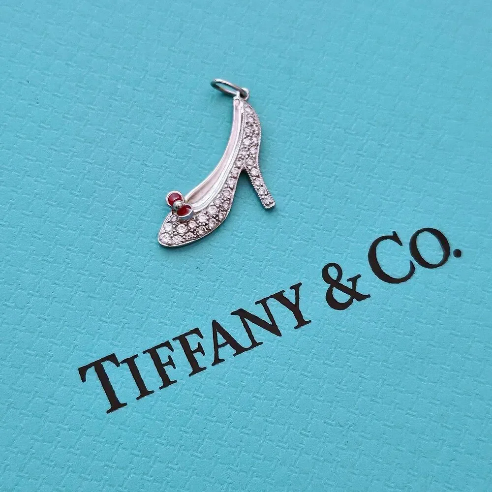 RARE Tiffany & Co. Red Enamel Bow Diamond High Heels Shoes PT950 Charm Pendant.